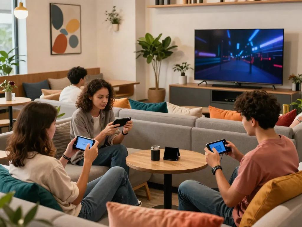 Vibrant social lounge with friends enjoying games, showcasing rokok88 super entertainment experience.