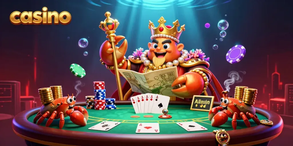 Experience the exciting casino atmosphere with a cartoon crab emperor amid poker action and vibrant colors.
