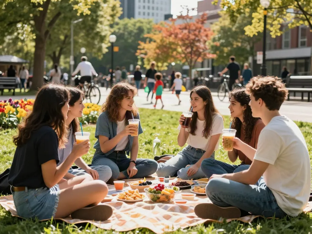 Youth enjoying a sunny park day with friends, highlighting the theme 'like it'