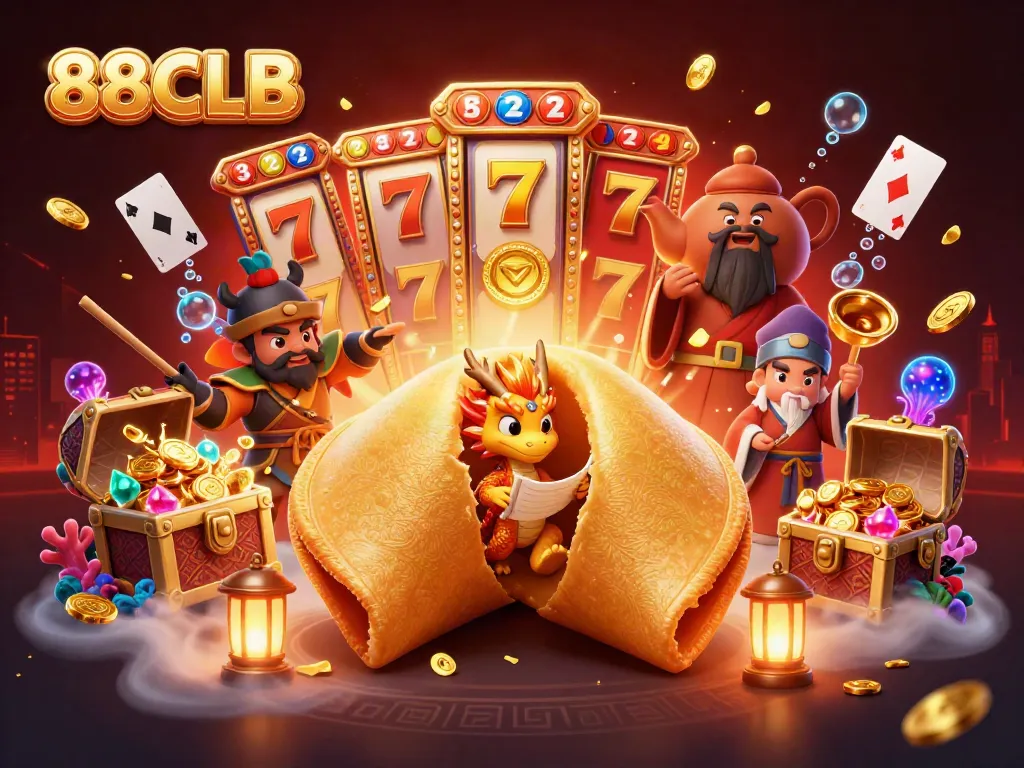 Play interactive casino games with 88CLB's vibrant golden fortune scene filled with slot reels and treasures!
