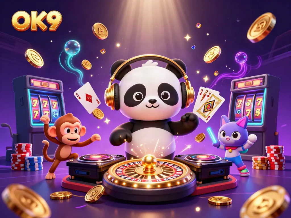 Engaging illustration of OK9 featuring playful characters in a vibrant casino scene, highlighting fun casino elements.