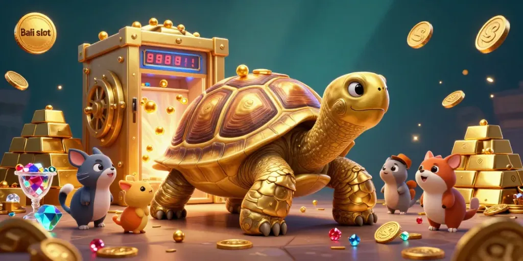 Play Bali slot with a vibrant illustration of a grand tortoise pinball and treasure.