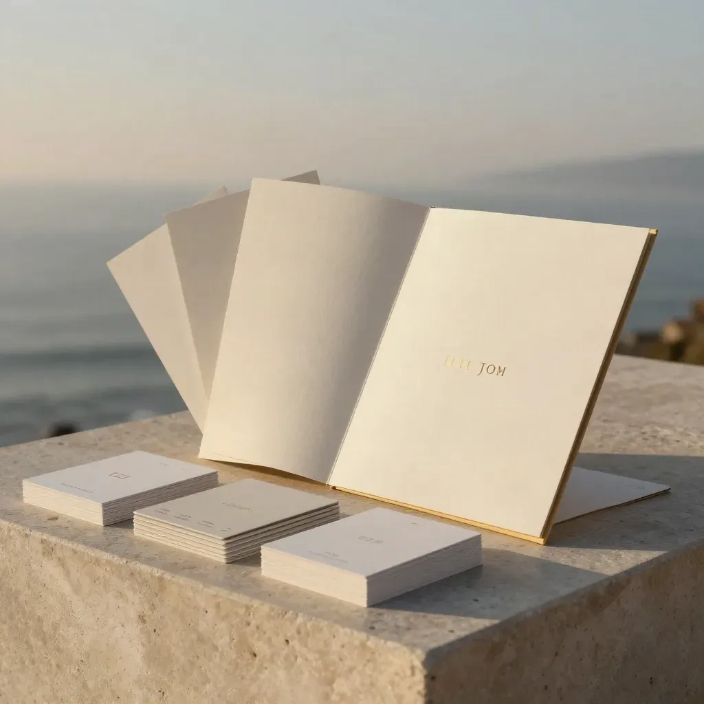 Ivory brand kit portfolio with swatch fan, logo cards, template tiles and brochure sleeve.