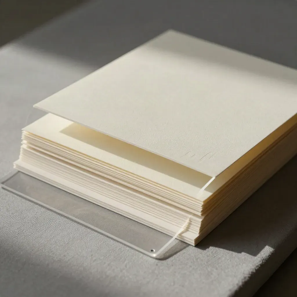 Cream presentation folio with acetate overlays and matte proof cards on ash-grey linen.