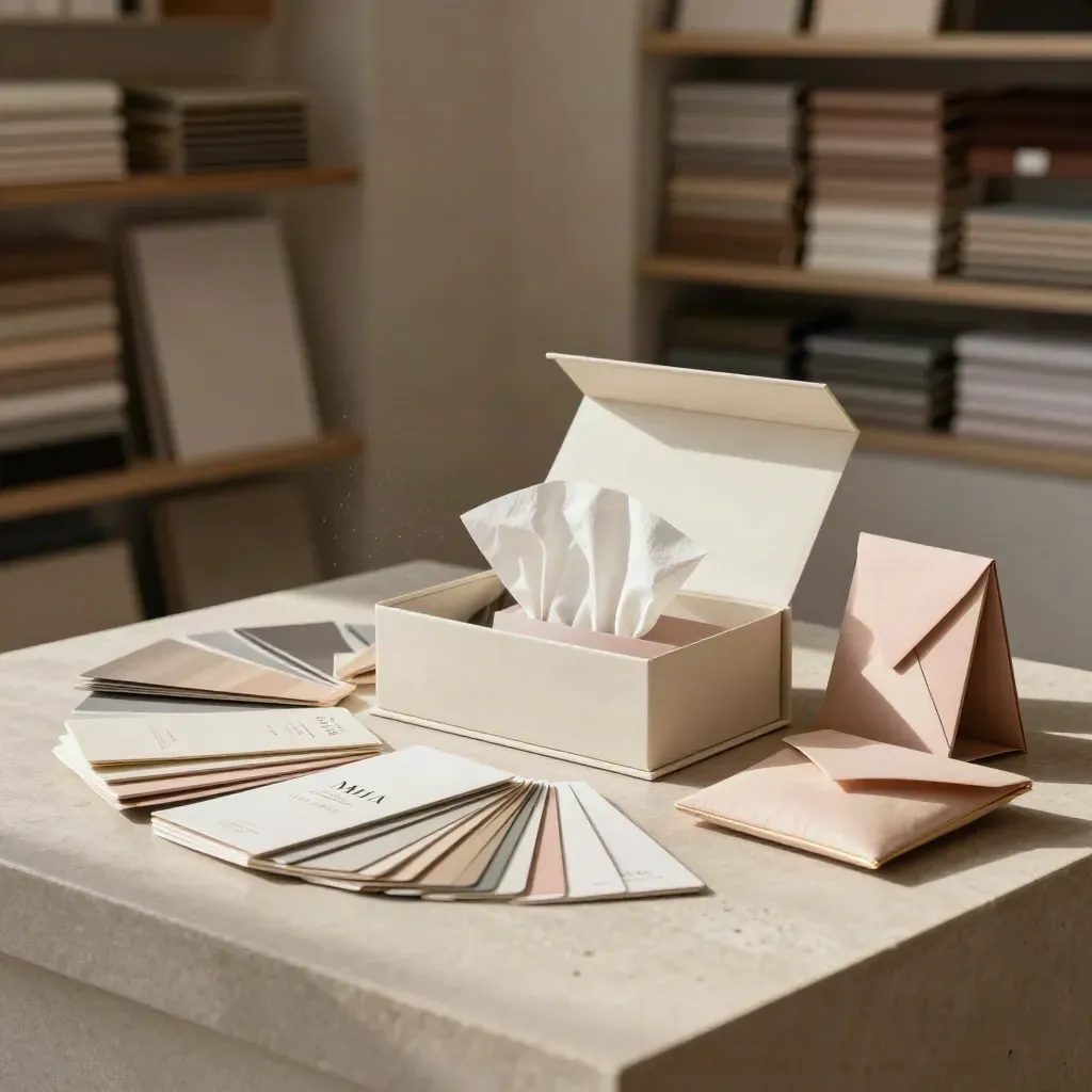 Open brand kit box with swatches, cards, and tissue ribbon on pale stone in soft studio light.