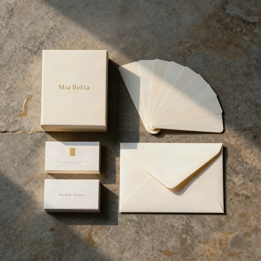 Overhead flat lay of a boxed brand kit, swatch fan, cards, and folded envelope on wet limestone.