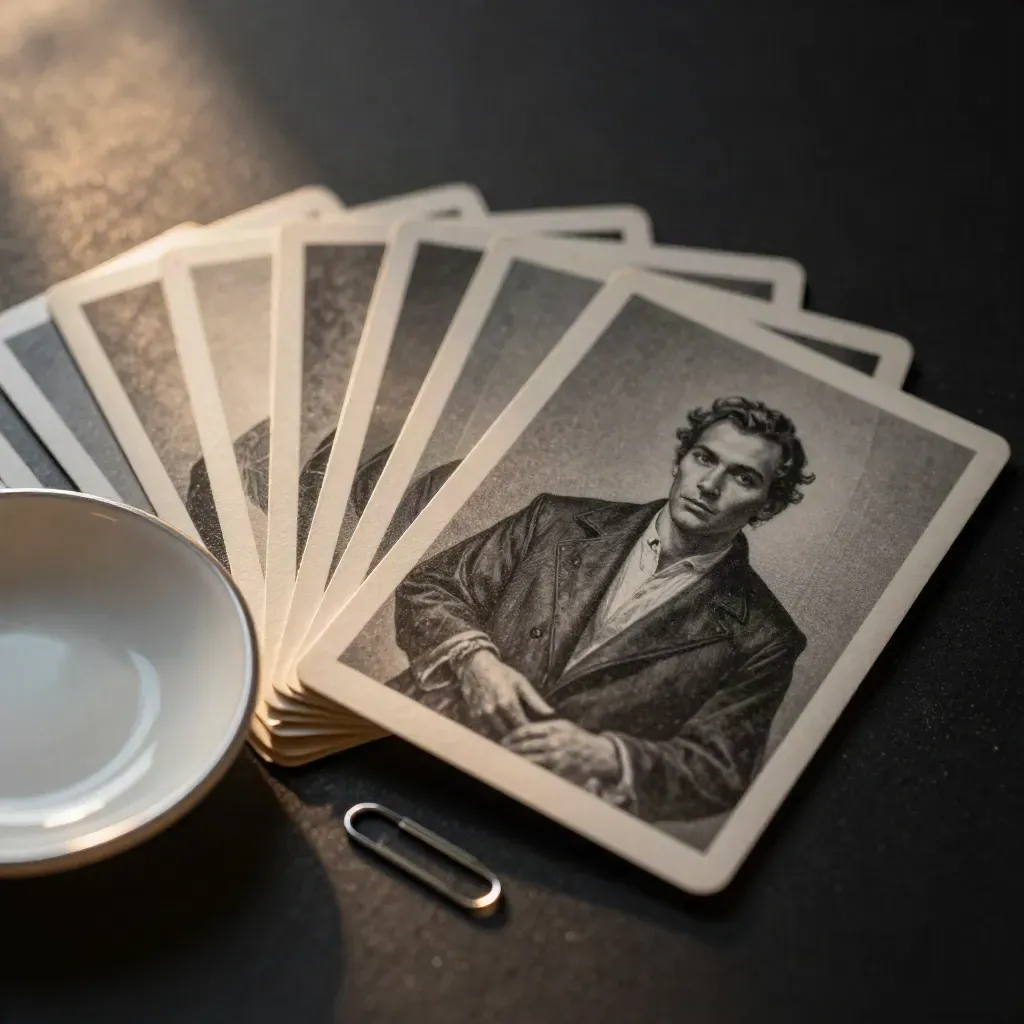 Fanned square post cards, translucent sleeves, ceramic dish and paper clip on a dark studio surface.