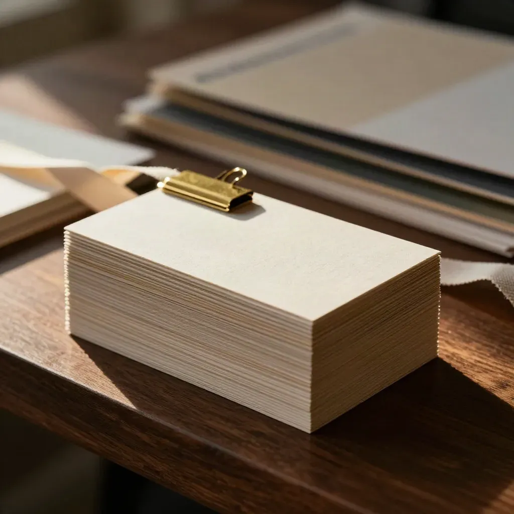 Business card stack with brass clip and linen ribbon on a walnut shelf