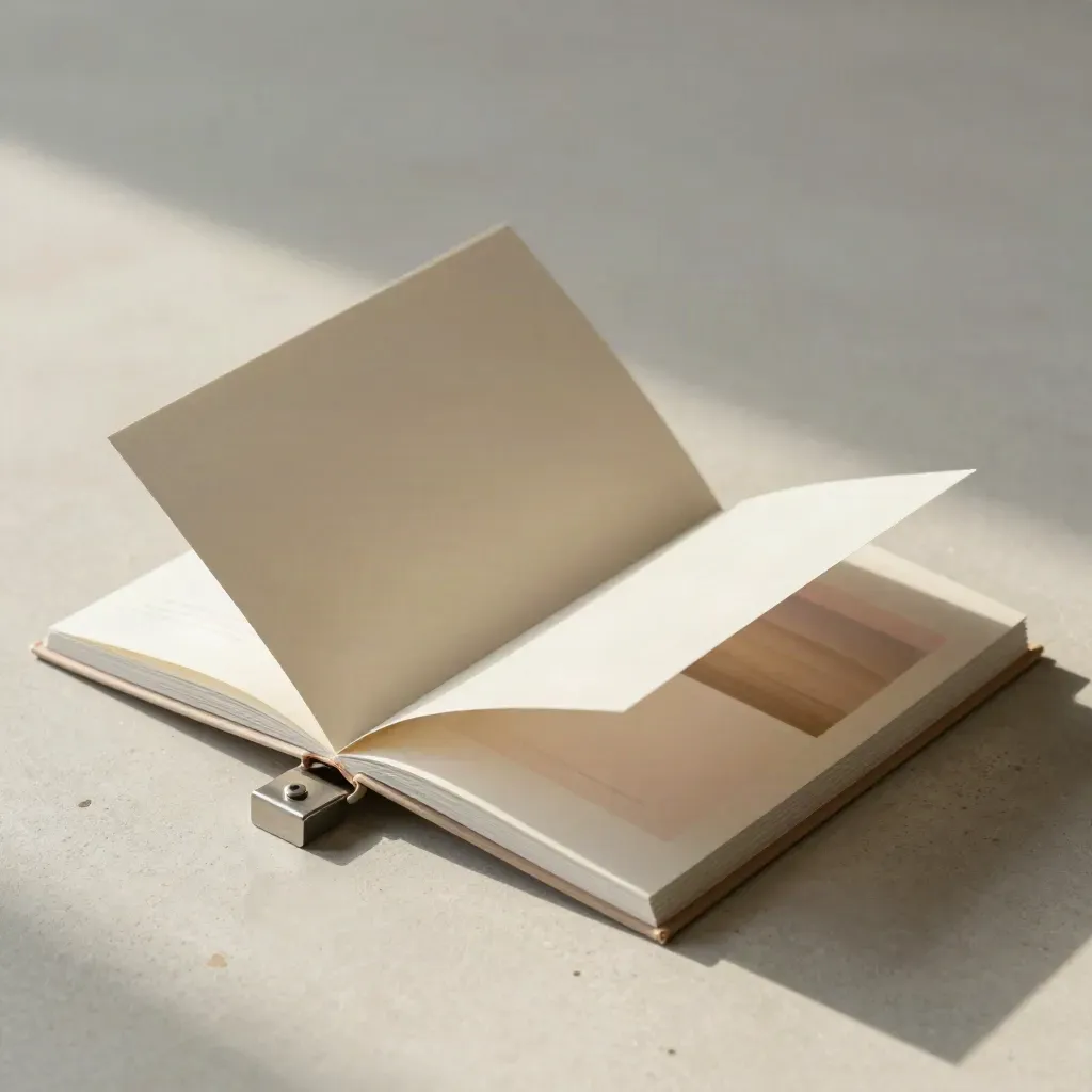 Open brochure mockup with folded panels and paperweight on brushed concrete