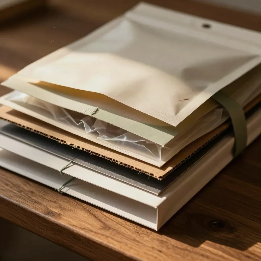 Macro of packaging mockups nested in tissue and cardboard inserts on a walnut bench