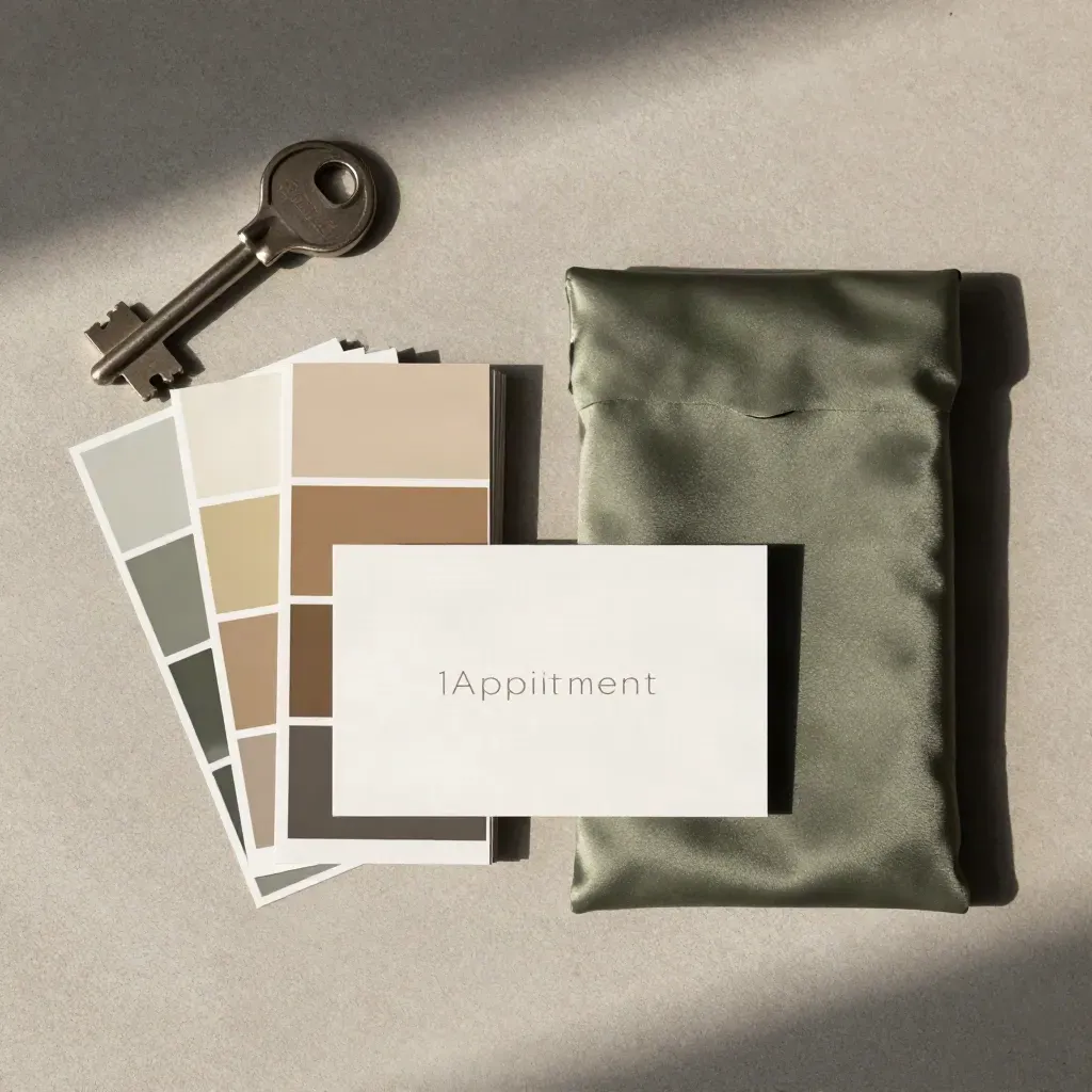 Overhead flatlay of identity cards, booklet, swatches, and satin pouch on pale concrete