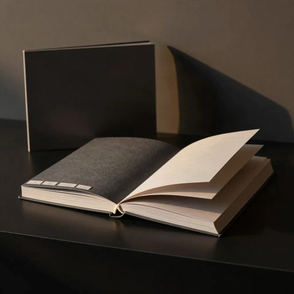 Charcoal guide booklet mockup with tabbed dividers, sleeve and sample strip on a black plinth.