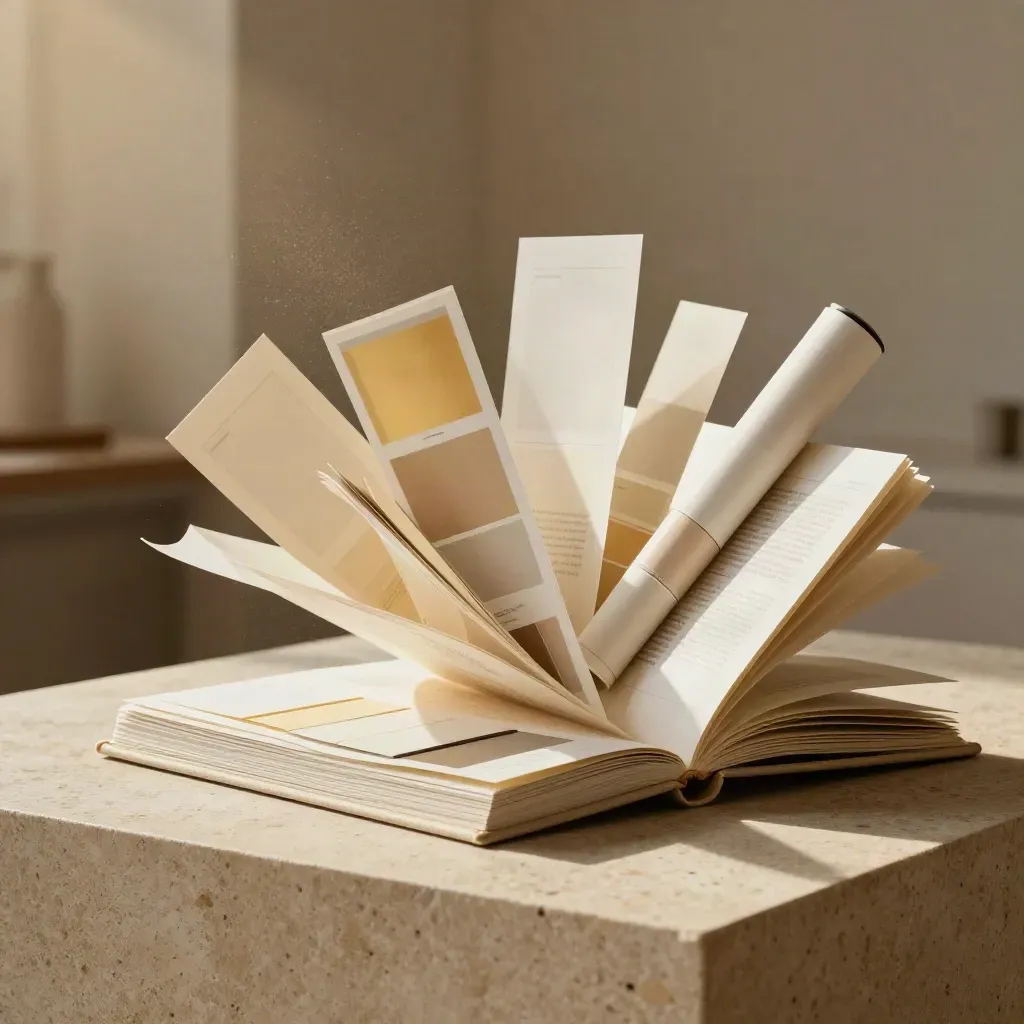 Open ivory portfolio spilling swatches, cards, brochure mockups and a print tube on travertine.