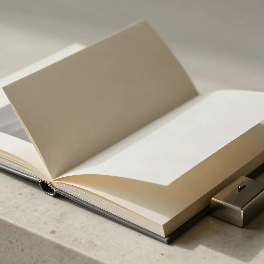 Ivory brochure mockup with folded spread and pewter paperweight on pale travertine