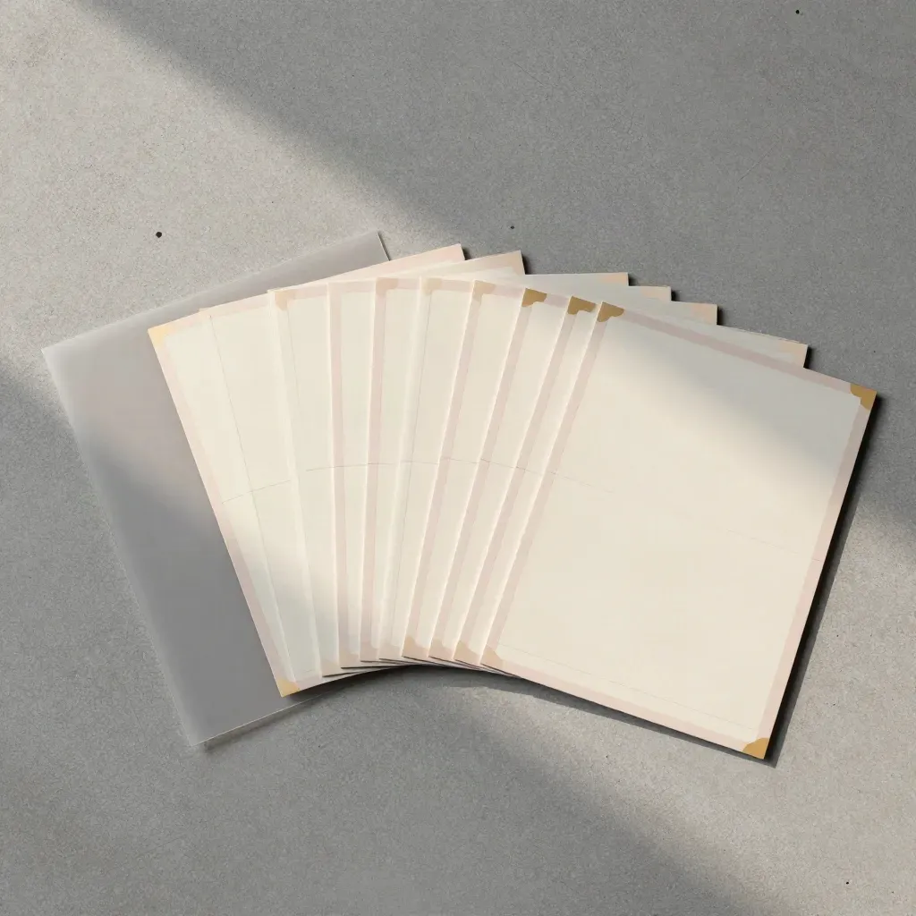 Overhead flatlay of nine square social post cards and translucent sleeves on cool concrete.