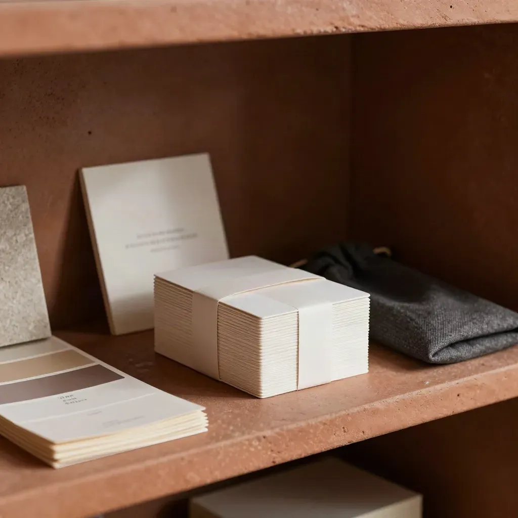 Matte gift card bundle with cloth pouch on a terracotta studio shelf