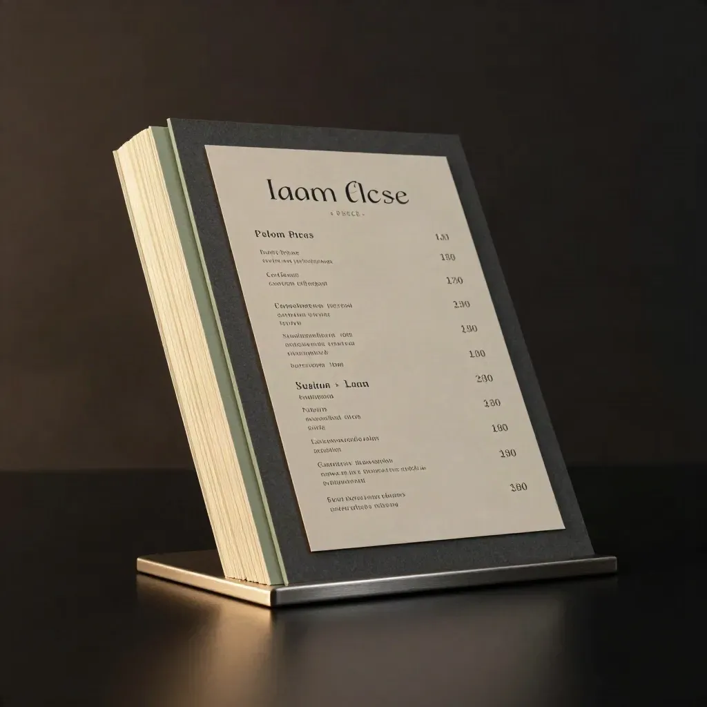 Salon price-list board mockup with layered cards, sage dividers and a slim stand on black.
