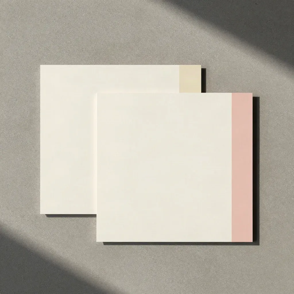 Overhead flatlay of two face-down font sheets and a blush swatch strip on pale concrete.