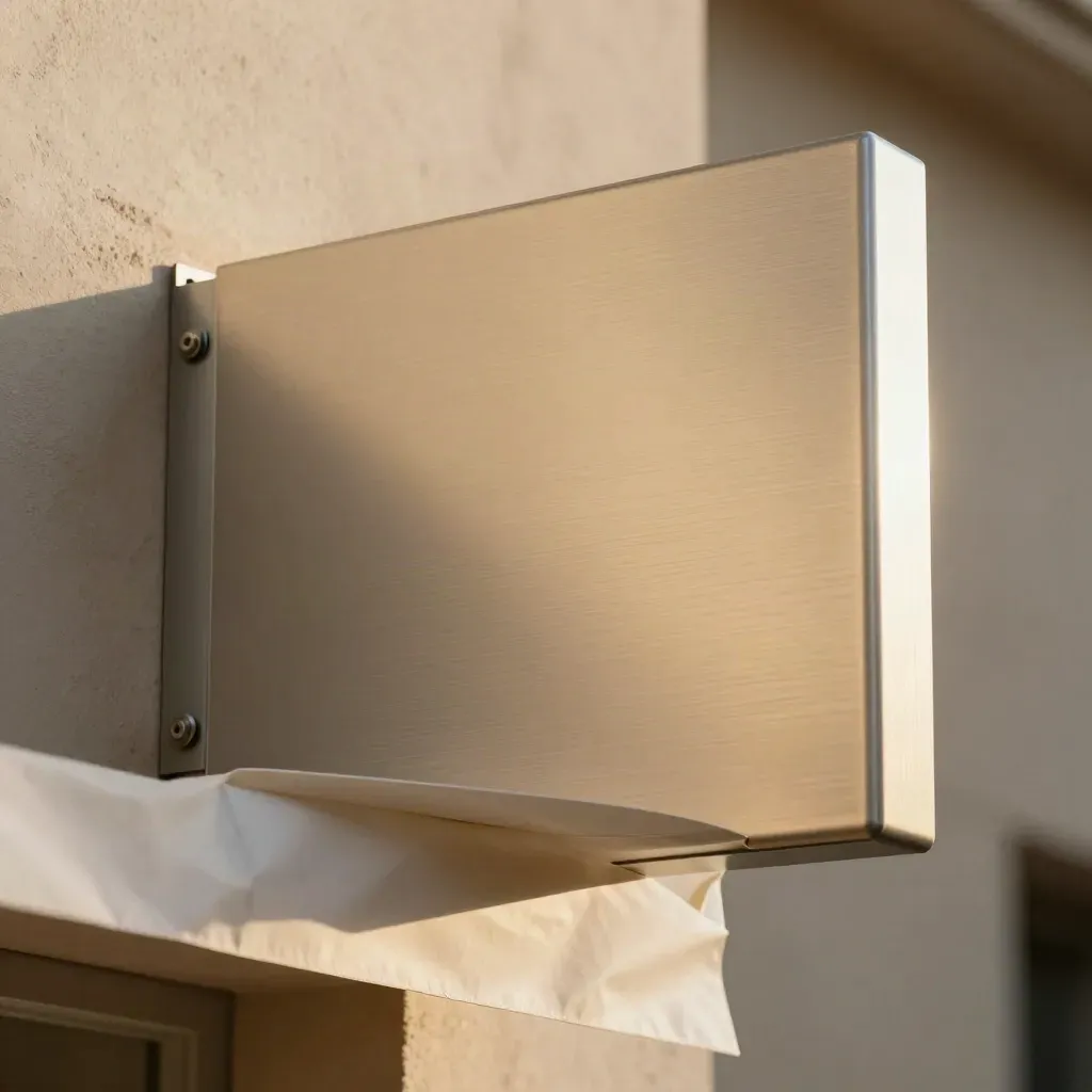 Macro of a blank storefront sign panel with brackets and a folded protective sleeve.