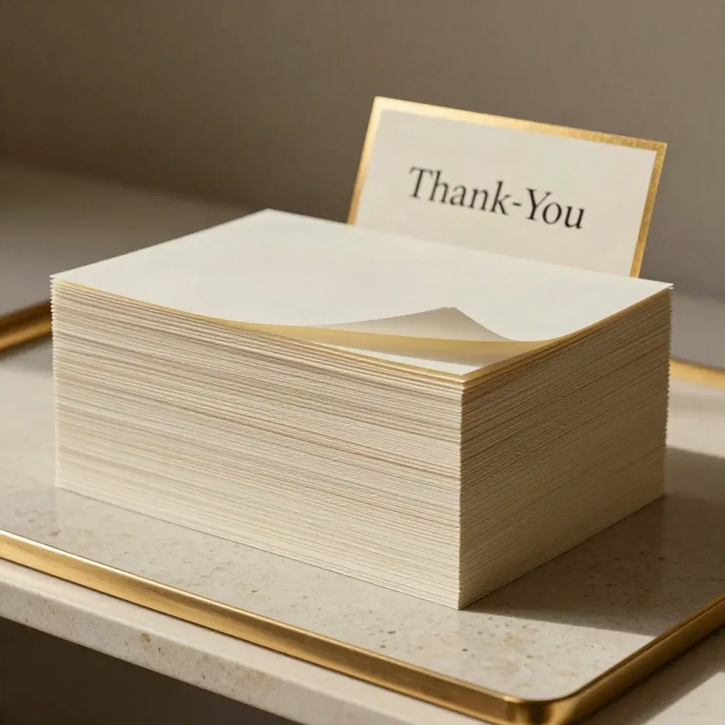 Stack of thank-you label sheets on travertine with curled backing and a blurred cream card.