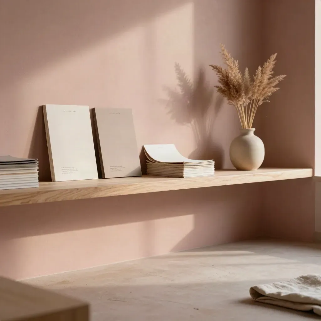 Blush plaster alcove with oak shelf, dried grasses, and brand sample cards in soft daylight.