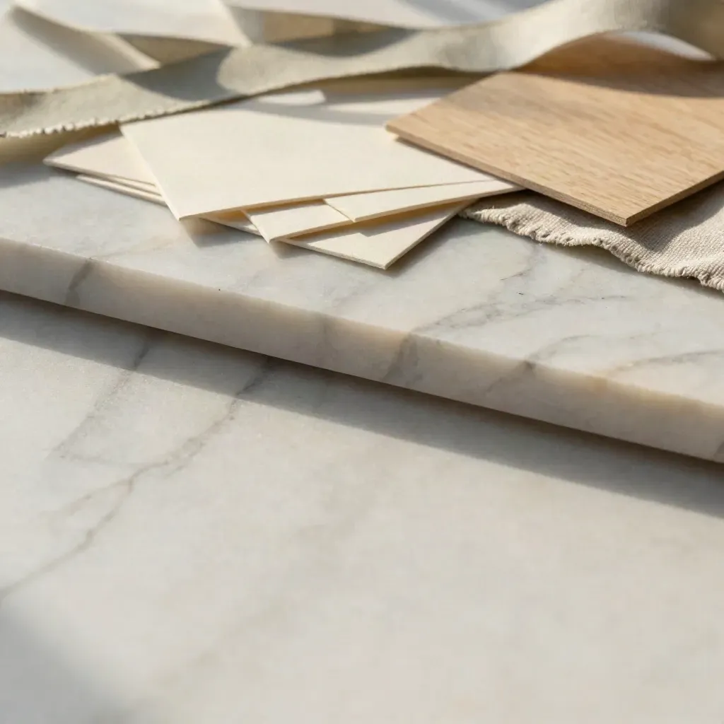Sunlit marble surface with linen swatches and sage accents for brand kits.