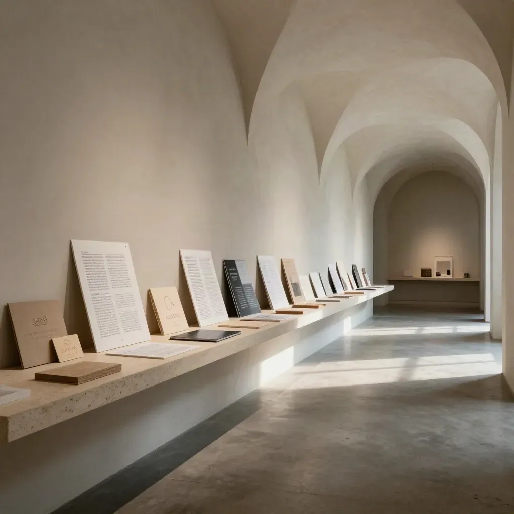 Sunlit archway corridor with print samples and quiet space for headline copy.