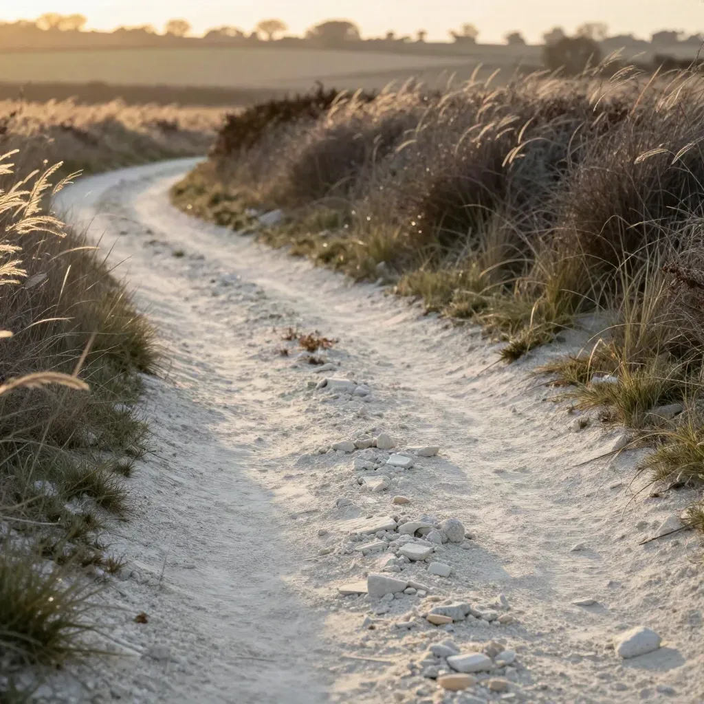 Windswept chalk path above a hedgerow, golden evening light, meadow grasses high in frame.