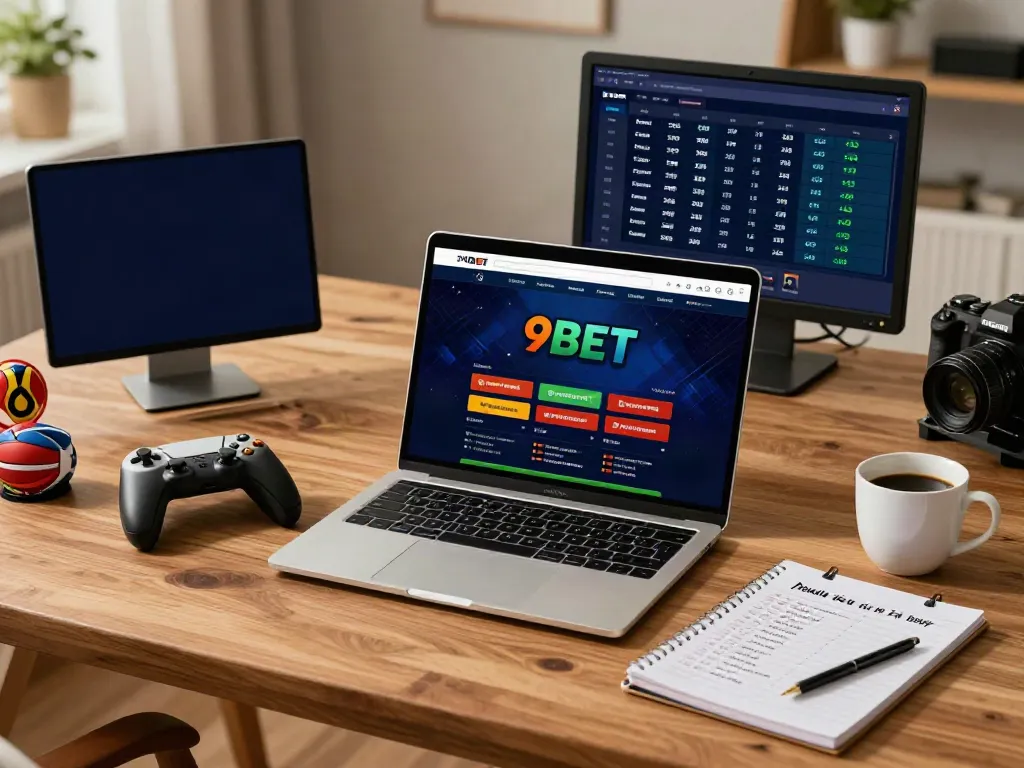 Engaged user on laptop at 9BET online betting platform with vibrant atmosphere.
