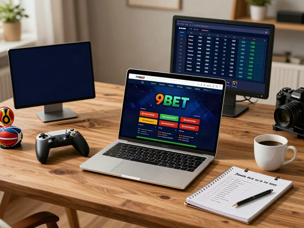 Engaged user on laptop at 9BET online betting platform with vibrant atmosphere.