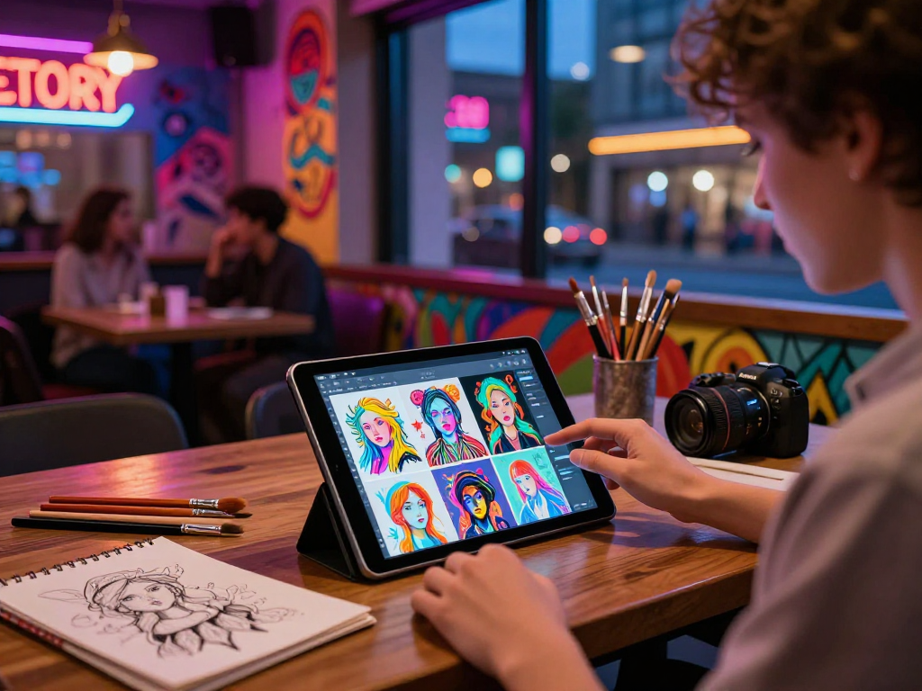 Creating digital art with AI nsfw technology in a vibrant café