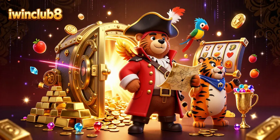 Engage in exciting gameplay at iwinclub8 with a pirate bear and tiger, surrounded by treasures.