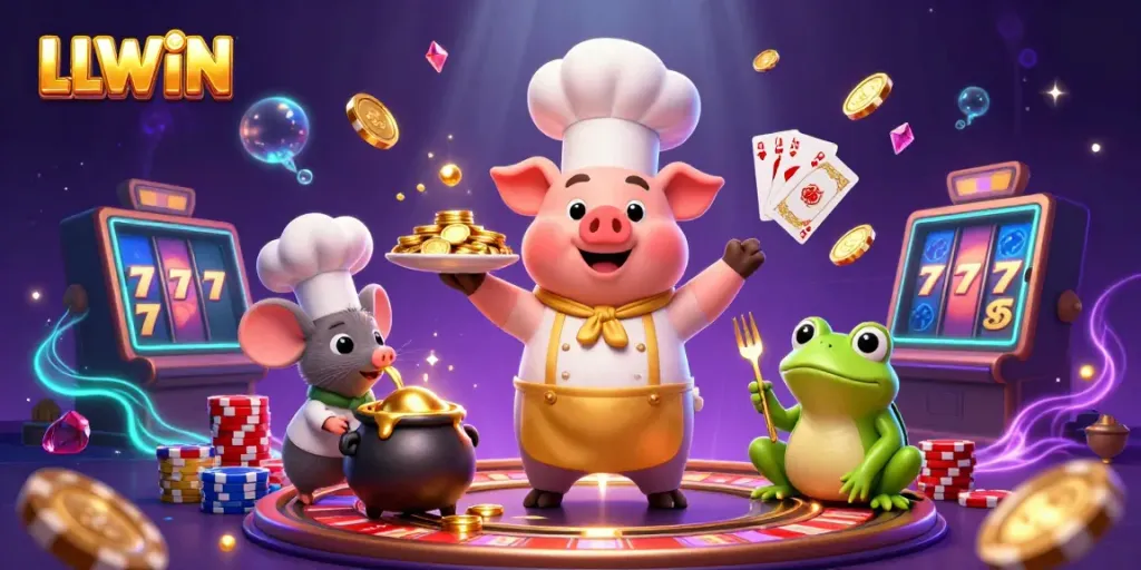 Experience excitement at LLWIN with our playful casino characters enjoying gold coins and vibrant games