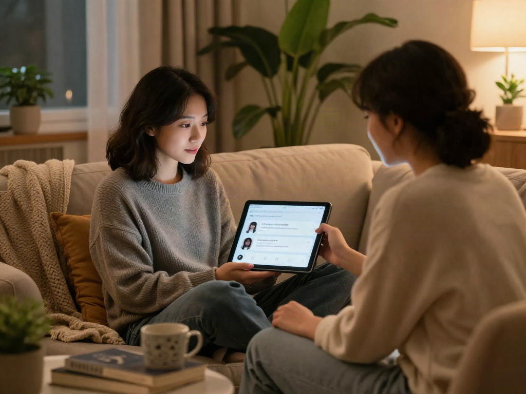 Engaging in a porn AI chat on a cozy couch, exploring intimate virtual interactions in a warm living room.