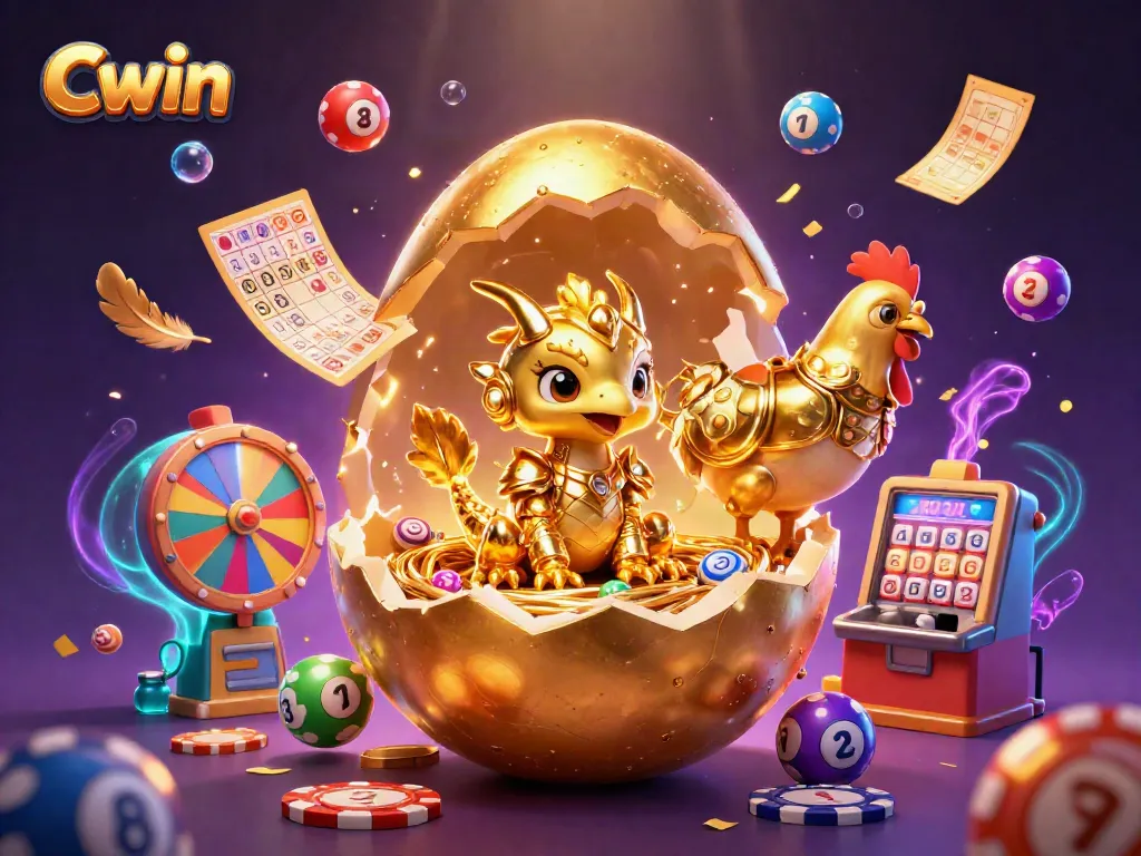 Cwin showcases a magical casino scene featuring a golden dragon, poker chips, and dynamic lottery elements.