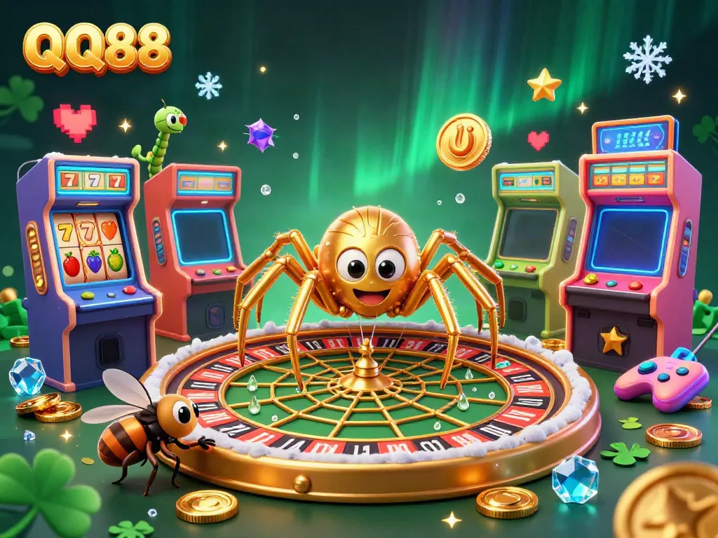 Experience QQ88 with a thrilling scene of a golden spider spinning a roulette wheel web alongside gaming excitement.