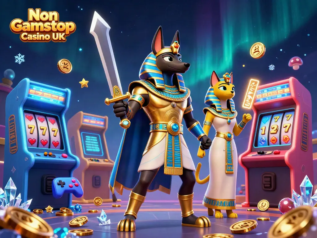 Engaging scene of Non Gamstop Casino UK featuring Anubis and Bastet amidst colorful gaming elements.