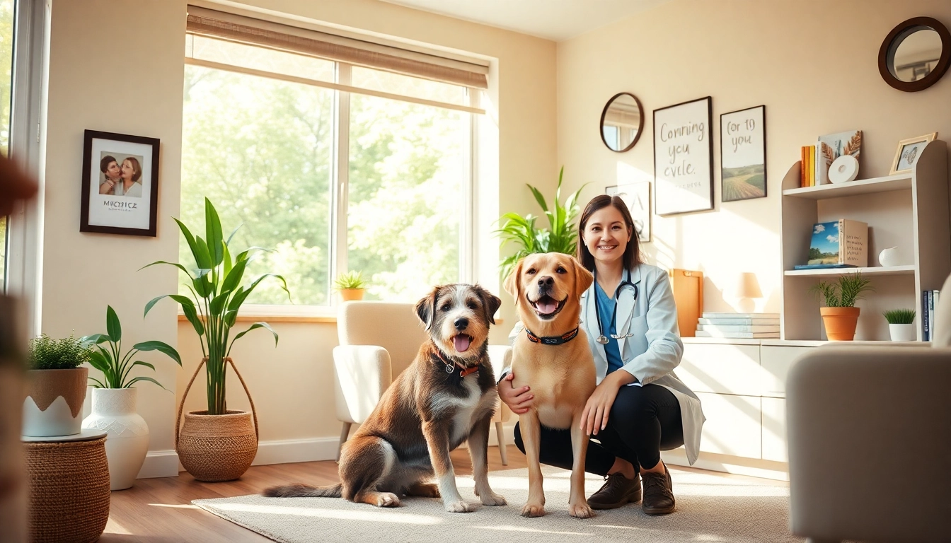 Psychologist with a dog Sydney providing a comforting therapy session in an inviting office.