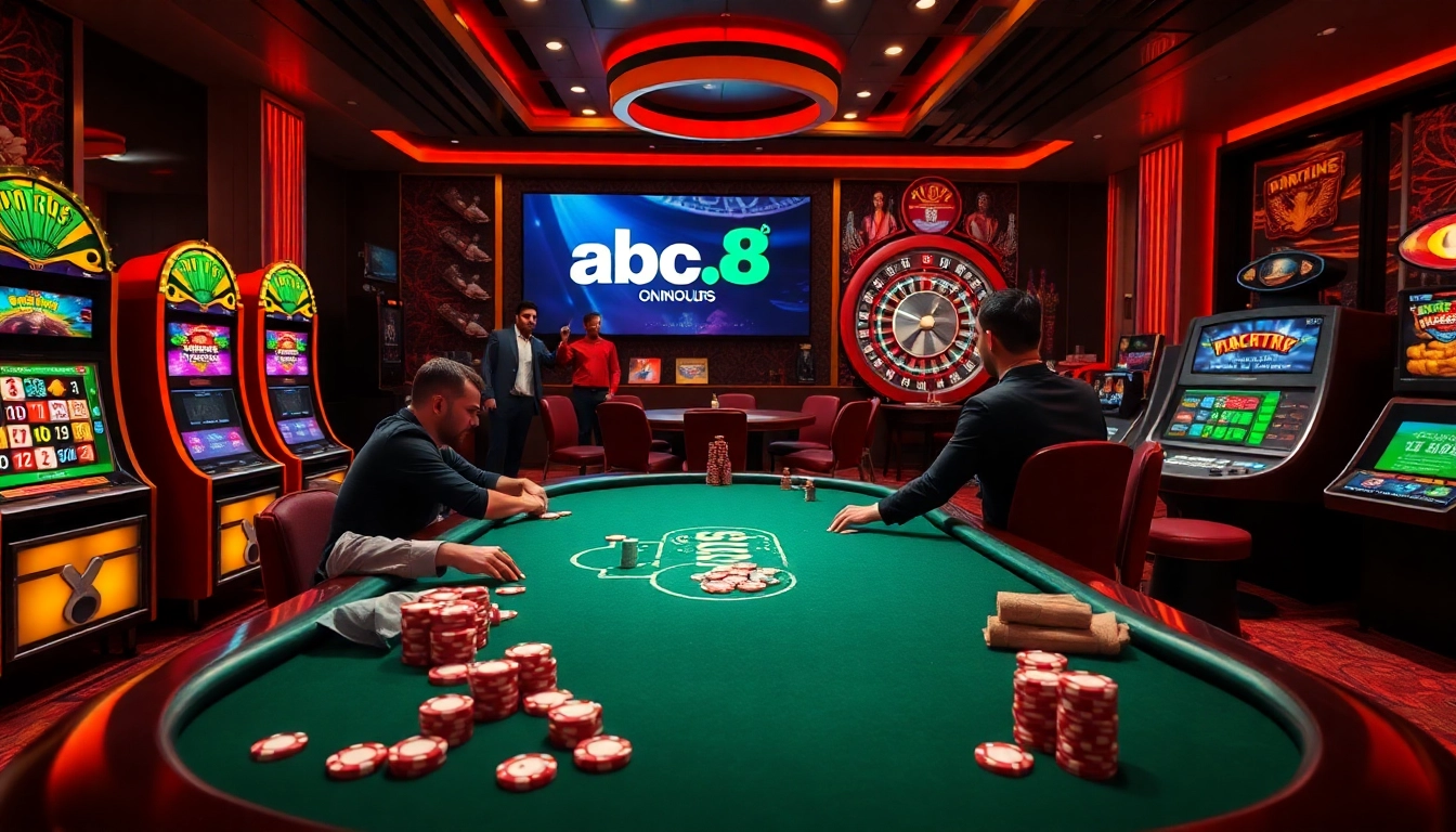 Exciting gameplay at abc8.lol with professional poker action and colorful slot machines in a luxurious casino.