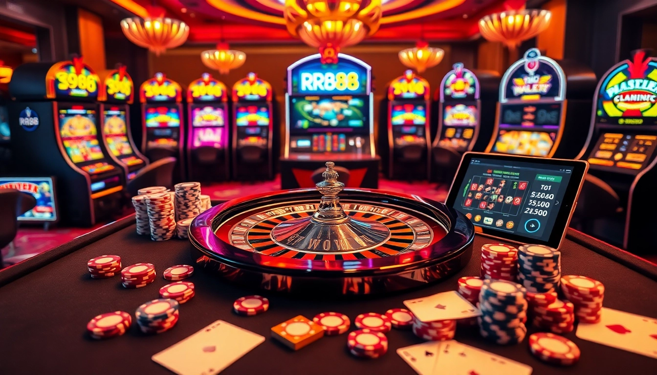 rr88 casino scene with roulette, poker elements, and vibrant slot machines.