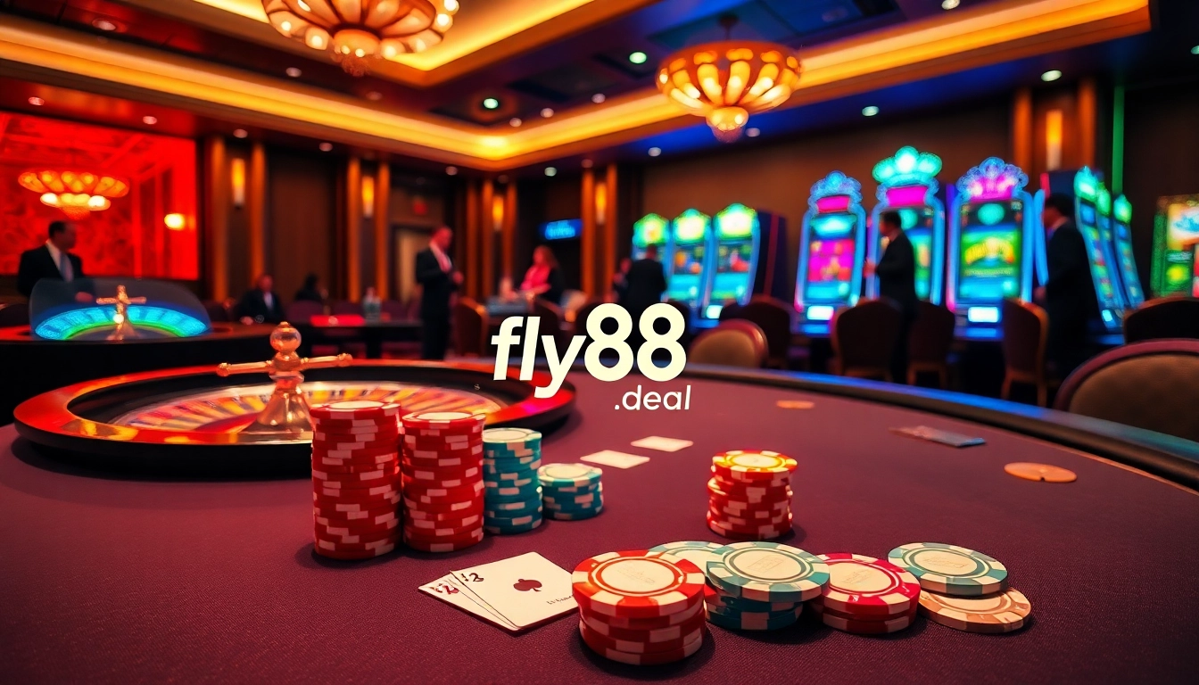 Experience thrilling gameplay at fly88.deal with vibrant casino visuals featuring poker chips and a roulette wheel.