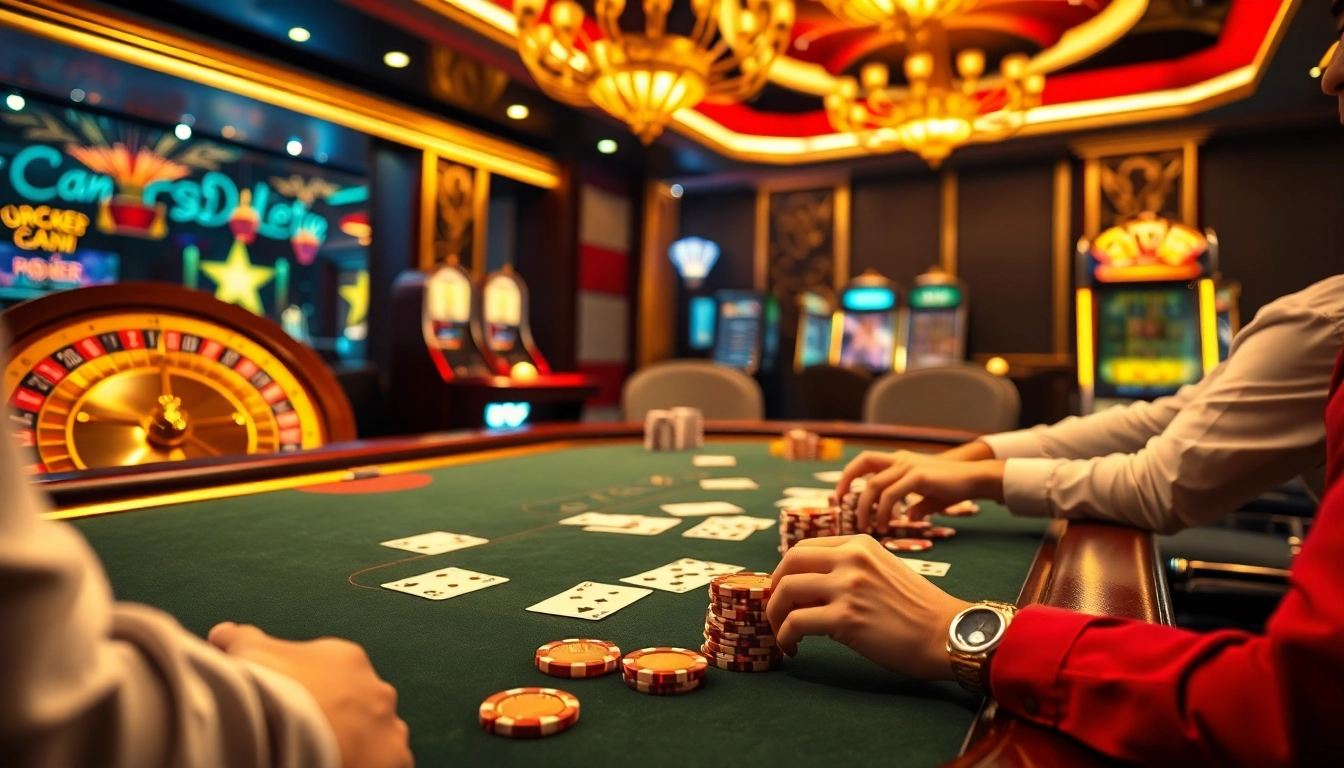 Players enjoying poker at FABET's luxurious casino, showcasing high-stakes excitement and vibrant atmosphere.