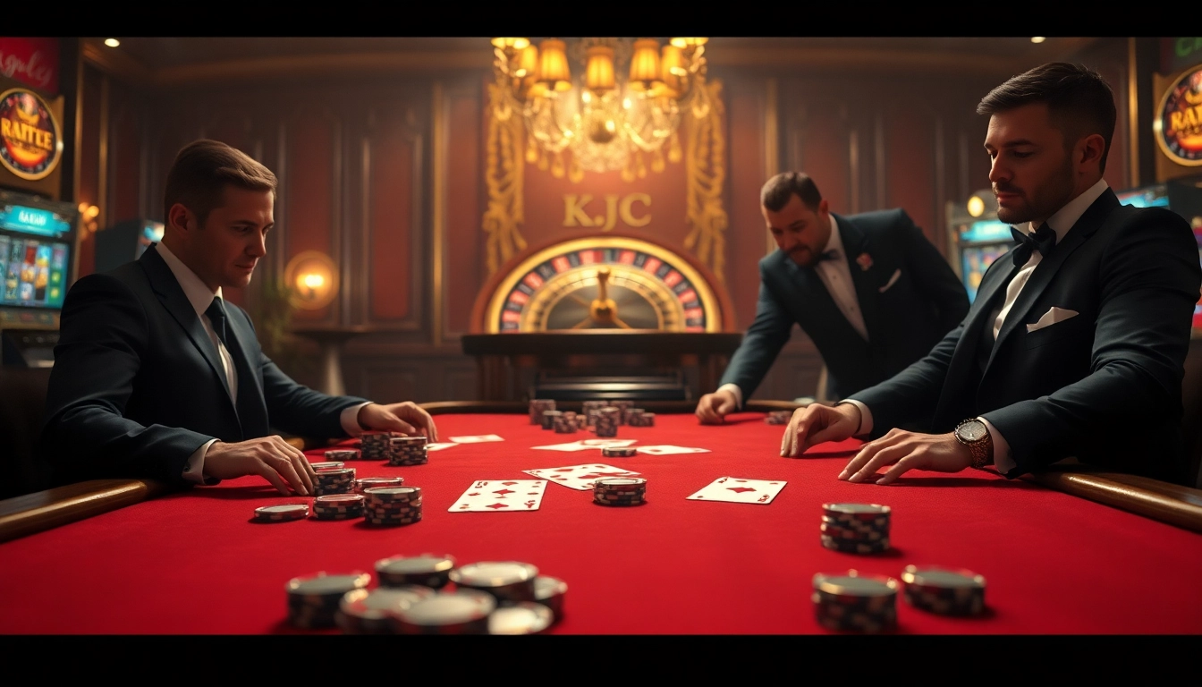KJC poker night featuring elegant players, vibrant chips, and classic casino elements, evoking luxury.