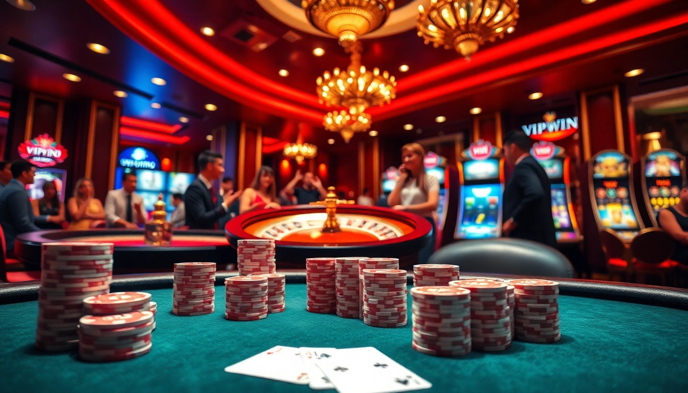 Engaging scene at a casino vipwin featuring poker tables, roulette wheel, and slot machines.