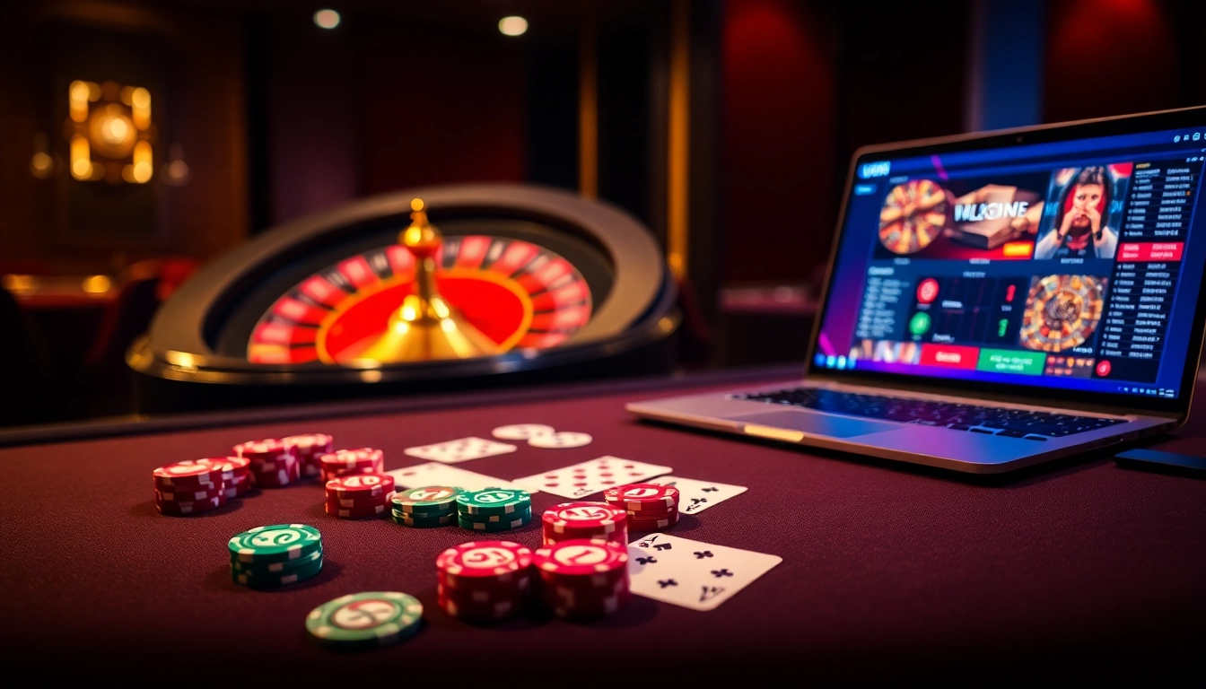 Engaging scene of U888 casino with poker chips and roulette wheel, showcasing gambling excitement.