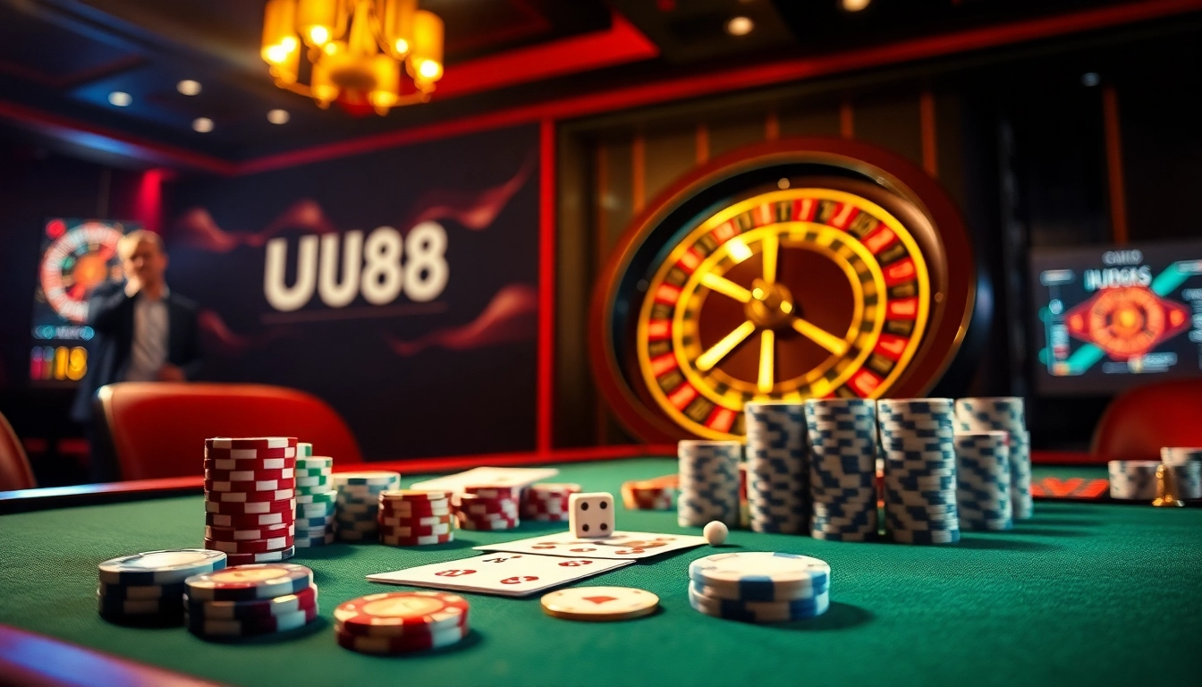 Experience the thrill of UU88 at a luxury casino, with vibrant poker chips and exciting gameplay.