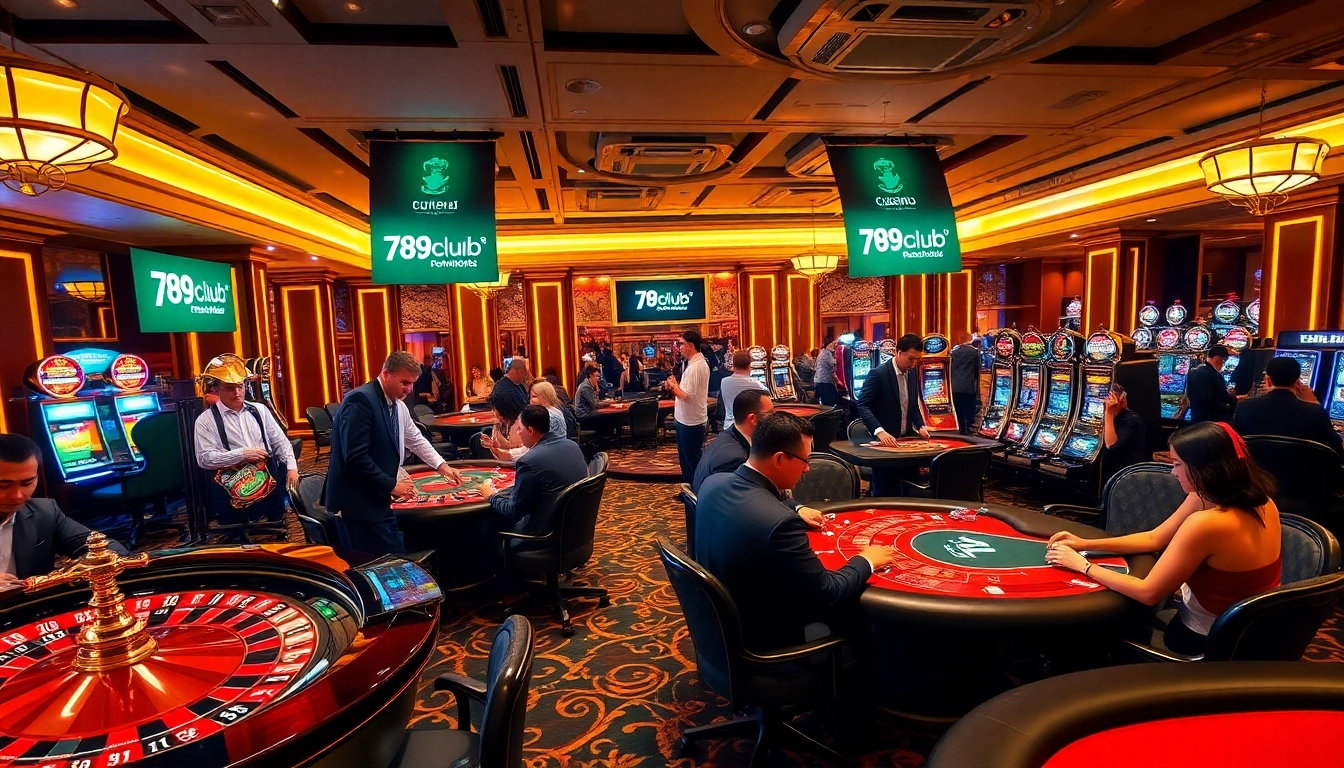Players enjoying games at 789club casino with luxurious tables and bright slot machines.