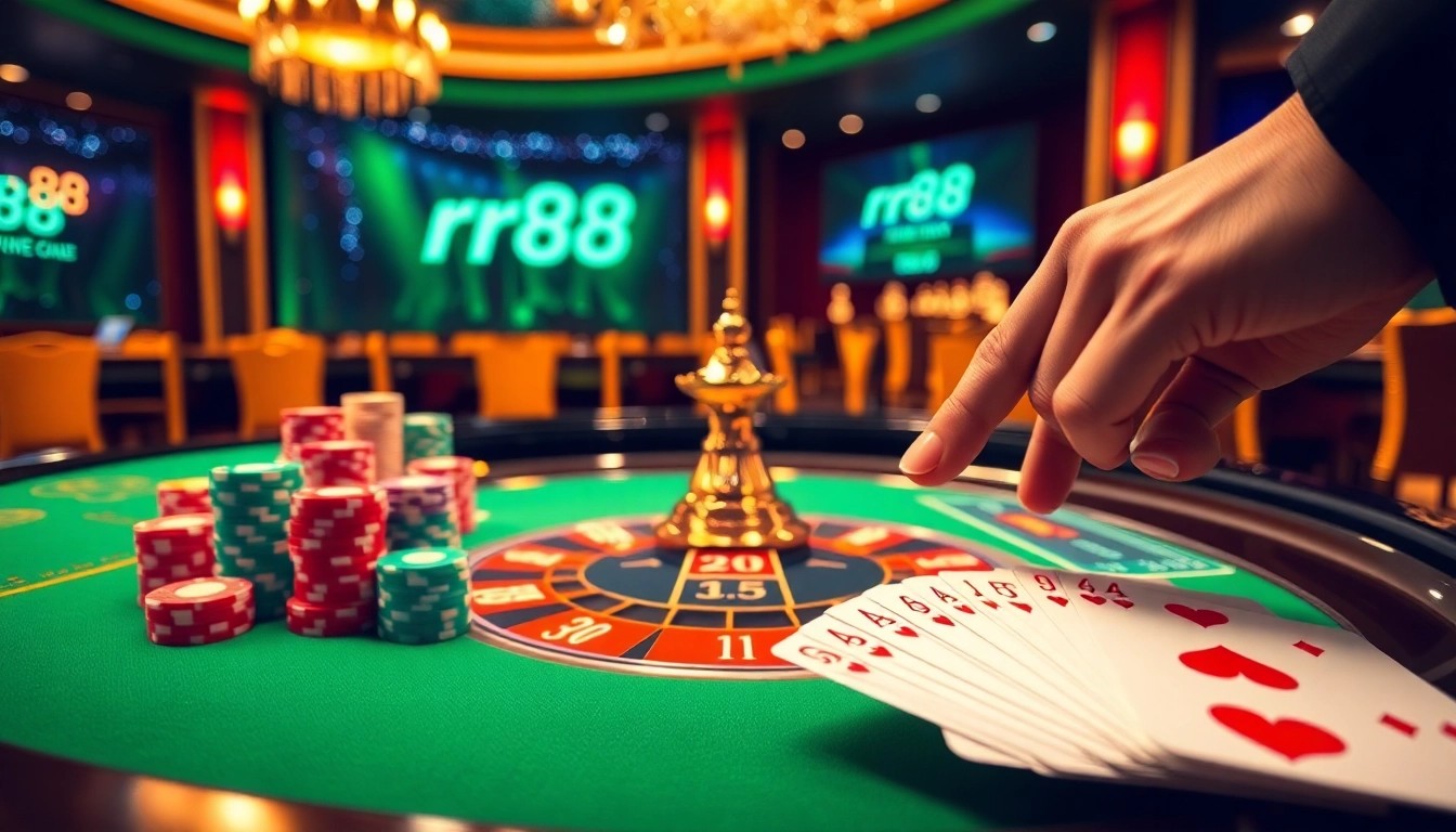 Spin the roulette with RR88 for a thrilling casino experience, featuring vibrant gaming elements.