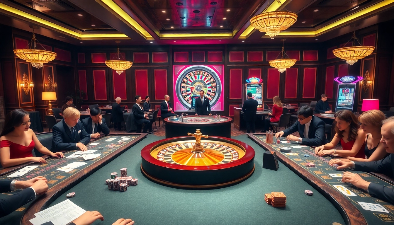 Experience high-stakes excitement with uk88 vip at a vibrant casino filled with poker chips and roulette wheels.