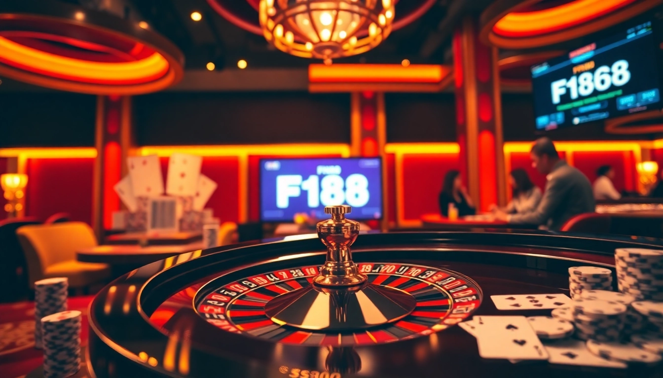 F168 casino scene showcasing excitement with roulette wheel, poker chips, and an elegant atmosphere.